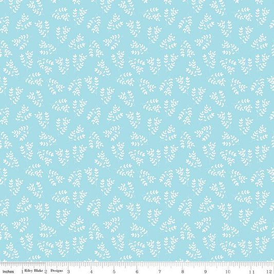 13" End of Bolt - CLEARANCE Singing in the Rain Stems Waterfall - Riley Blake Designs - Floral White Leaves on Blue - Quilting Cotton Fabric