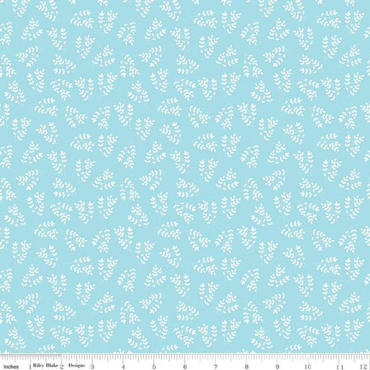 27" End of Bolt - CLEARANCE Singing in the Rain Stems Waterfall - Riley Blake - Floral White Leaves on Blue - Quilting Cotton Fabric