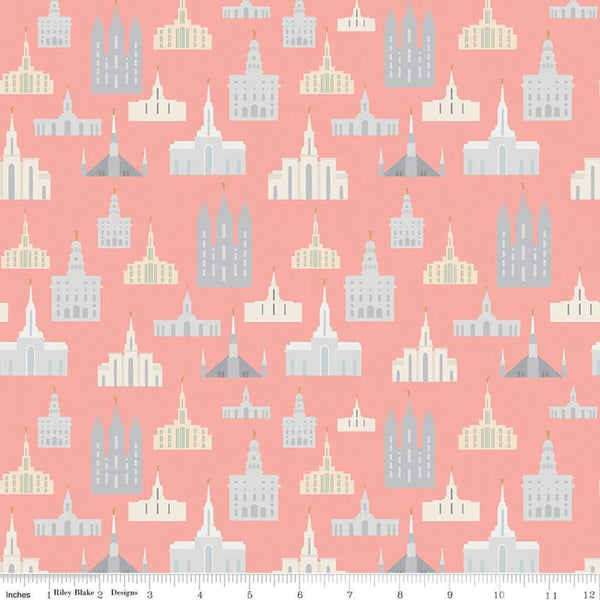 Fat Quarter End of Bolt - Called to Serve Temple Coral SPARKLE - Riley Blake - Missionary Mission Temples METALLIC - Quilting Cotton Fabric