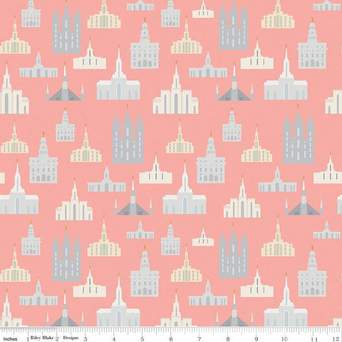 Fat Quarter End of Bolt - Called to Serve Temple Coral SPARKLE - Riley Blake - Missionary Mission Temples METALLIC - Quilting Cotton Fabric