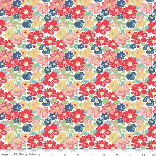 9" End of Bolt - CLEARANCE Vintage Happy 2 Main Red - Riley Blake  - Flowers Floral - Quilting Cotton