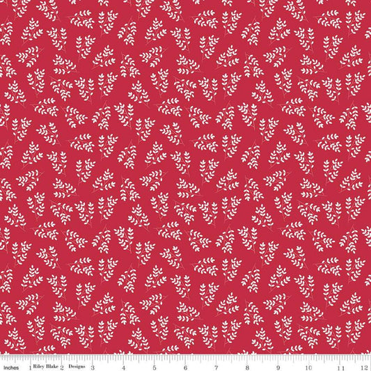 11" End of Bolt - SALE Singing in the Rain Stems Red - Riley Blake Designs - Floral White Leaves on Red - Quilting Cotton Fabric