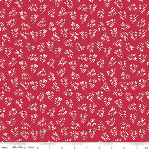 11" End of Bolt - SALE Singing in the Rain Stems Red - Riley Blake Designs - Floral White Leaves on Red - Quilting Cotton Fabric