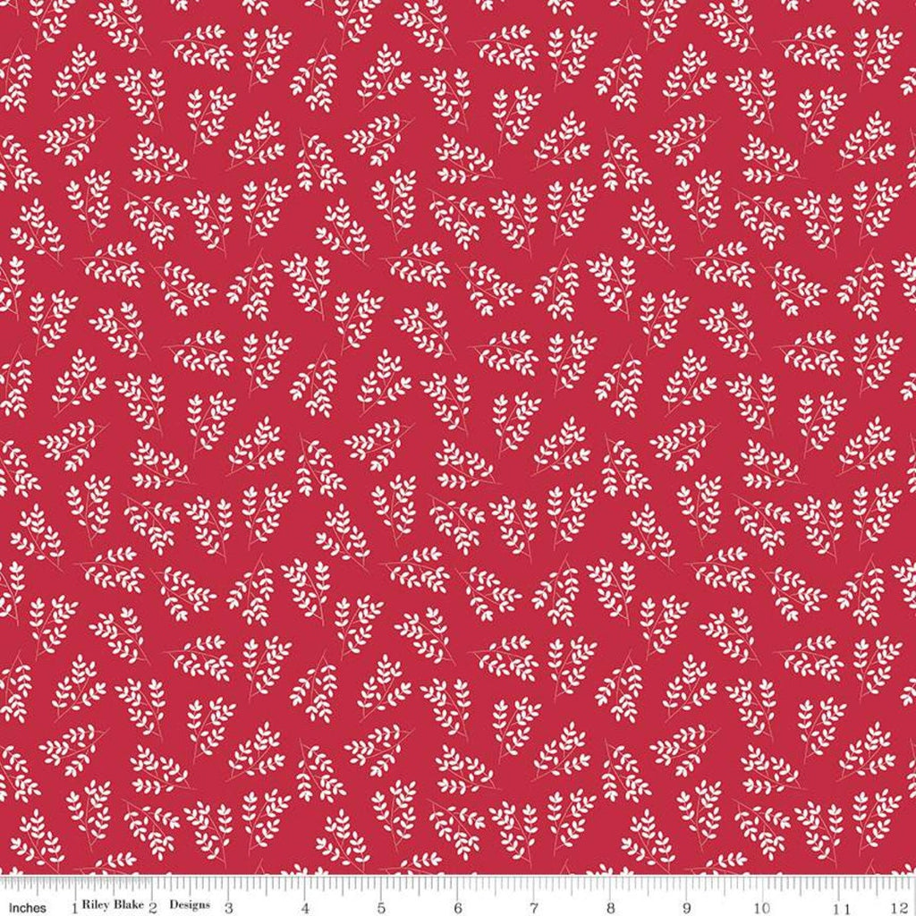 11" End of Bolt - SALE Singing in the Rain Stems Red - Riley Blake Designs - Floral White Leaves on Red - Quilting Cotton Fabric