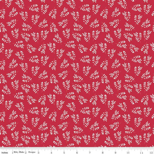 Fat Quarter End of Bolt - SALE Singing in the Rain Stems Red - Riley Blake Designs - Floral White Leaves on Red - Quilting Cotton Fabric