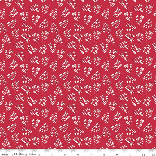 11" End of Bolt - SALE Singing in the Rain Stems Red - Riley Blake Designs - Floral White Leaves on Red - Quilting Cotton Fabric