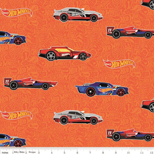 14" End of Bolt Piece Hot Wheels Main Orange Riley Blake Designs Toy Cars Tone-on-Tone Background Quilting Cotton Fabric Licensed Product