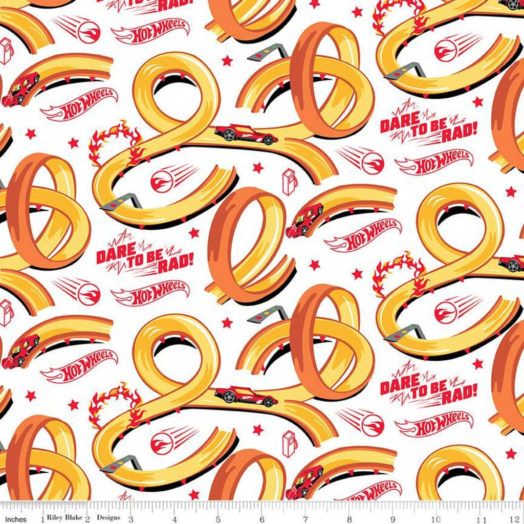 Hot Wheels Tracks White - Riley Blake Designs - Die-Cast Toy Race Cars Logo Words Phrases - Quilting Cotton Fabric