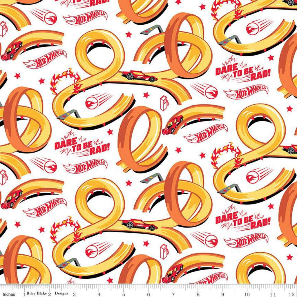 Hot Wheels Tracks White - Riley Blake Designs - Die-Cast Toy Race Cars Logo Words Phrases - Quilting Cotton Fabric -  LIcensed Product