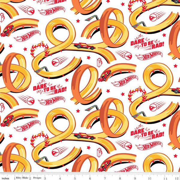 Hot Wheels Tracks White - Riley Blake Designs - Die-Cast Toy Race Cars Logo Words Phrases - Quilting Cotton Fabric