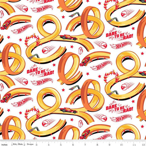 Hot Wheels Tracks White - Riley Blake Designs - Die-Cast Toy Race Cars Logo Words Phrases - Quilting Cotton Fabric -  LIcensed Product