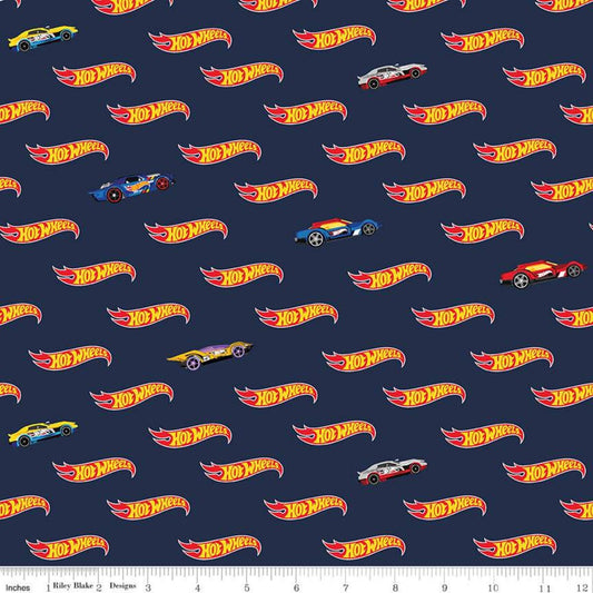 DEAL Hot Wheels Logo Navy - Riley Blake Designs - Die-Cast Toy Race Cars Blue - Quilting Cotton Fabric -  LIcensed Product