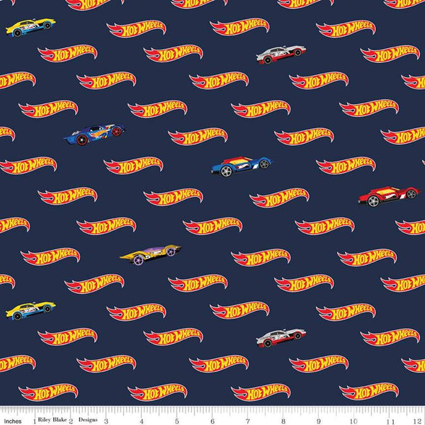 SALE Hot Wheels Logo Navy - Riley Blake Designs - Die-Cast Toy Race Cars Blue - Quilting Cotton Fabric -  LIcensed Product