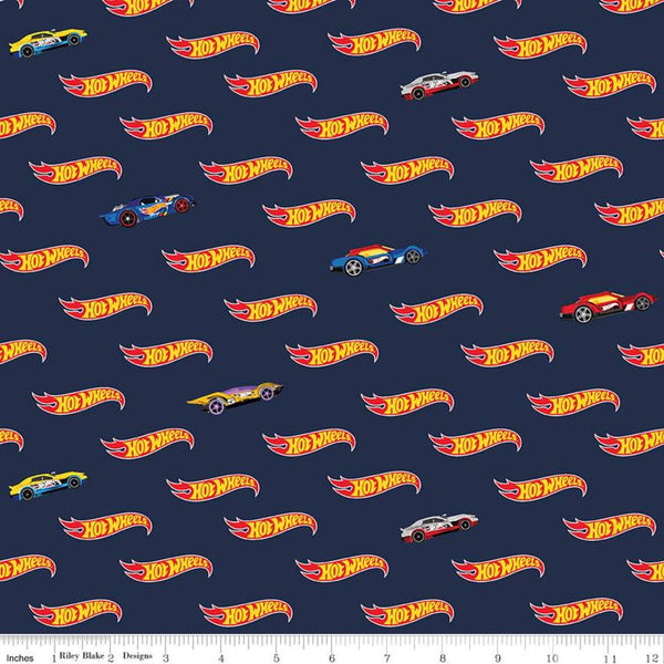 SALE Hot Wheels Logo Navy - Riley Blake Designs - Die-Cast Toy Race Cars Blue - Quilting Cotton Fabric