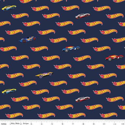 SALE Hot Wheels Logo Navy - Riley Blake Designs - Die-Cast Toy Race Cars Blue - Quilting Cotton Fabric