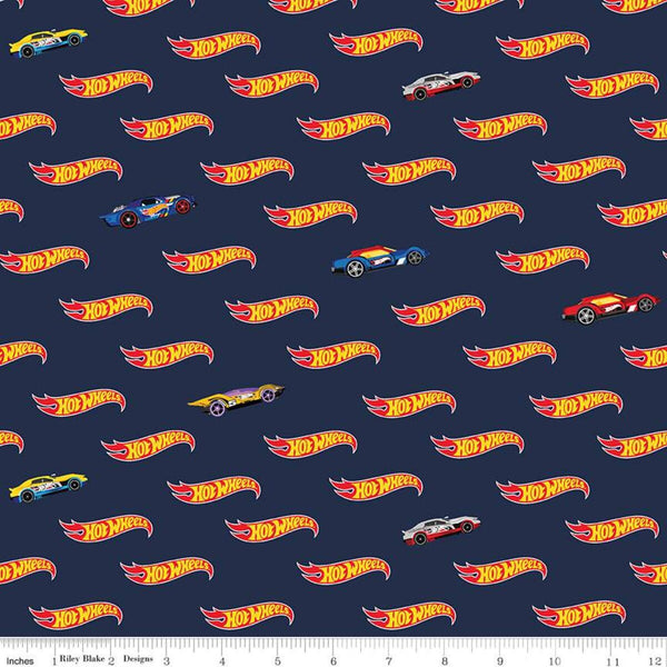 SALE Hot Wheels Logo Navy - Riley Blake Designs - Die-Cast Toy Race Cars Blue - Quilting Cotton Fabric -  LIcensed Product