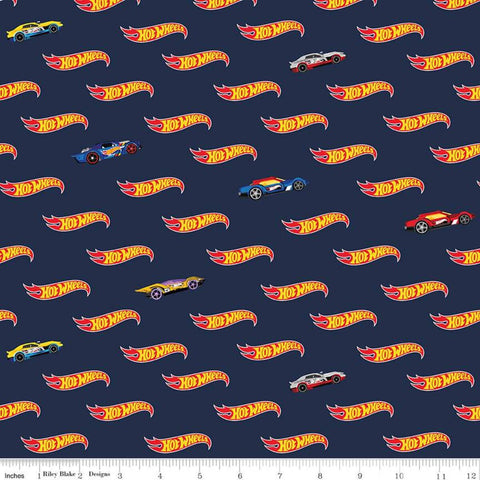 SALE Hot Wheels Logo Navy - Riley Blake Designs - Die-Cast Toy Race Cars Blue - Quilting Cotton Fabric -  LIcensed Product