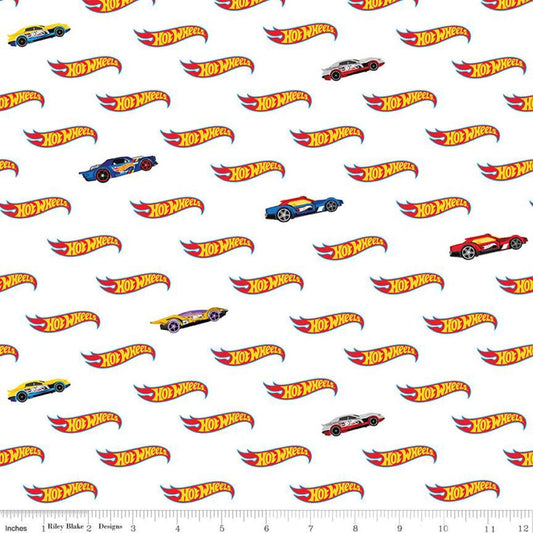 Hot Wheels Logo White - Riley Blake Designs - Die-Cast Toy Race Cars - Quilting Cotton Fabric -  LIcensed Product