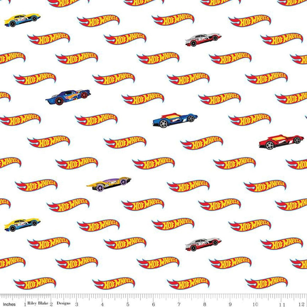 Hot Wheels Logo White - Riley Blake Designs - Die-Cast Toy Race Cars - Quilting Cotton Fabric -  LIcensed Product