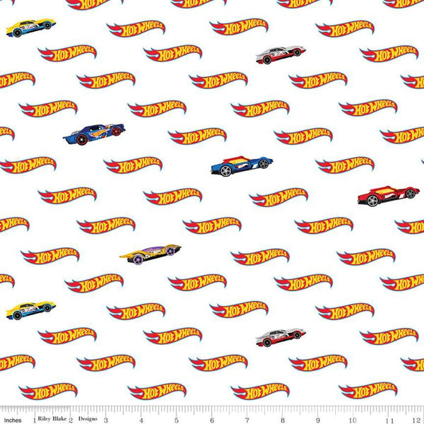 Hot Wheels Logo White - Riley Blake Designs - Die-Cast Toy Race Cars - Quilting Cotton Fabric