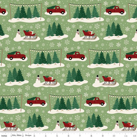 31" End of Bolt - SALE Christmas Traditions Main Green - Riley Blake - Trees Sleighs Snowmen Trucks Snowflakes  - Quilting Cotton Fabric