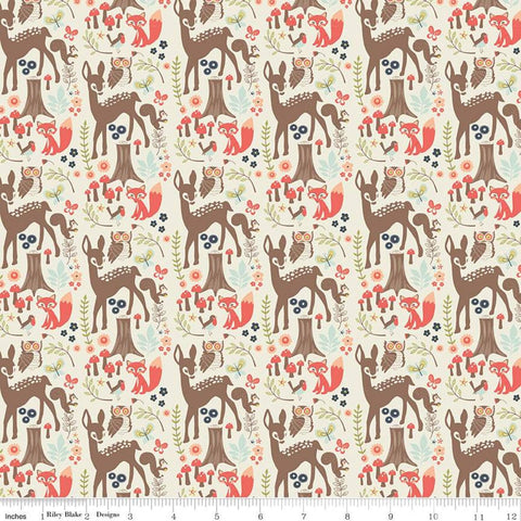 Fat quarter end of Bolt - CLEARANCE Woodland Spring Main Cream - Riley Blake - Outdoors Wildlife Deer Owls Birds  -  Quilting Cotton Fabric