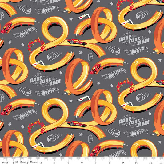 25" End of Bolt - Hot Wheels Tracks Gray - Riley Blake - Die-Cast Toy Race Cars Logo Phrases - Quilting Cotton Fabric - Lcensed Product