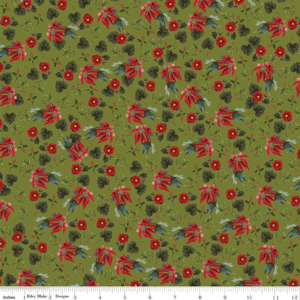 CLEARANCE Yuletide Poinsettias Olive - Riley Blake - Floral Flowers Leaves Holly Berries Green - Quilting Cotton Fabric