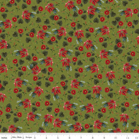 CLEARANCE Yuletide Poinsettias Olive - Riley Blake - Floral Flowers Leaves Holly Berries Green - Quilting Cotton Fabric