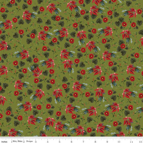 25" End of Bolt - CLEARANCE Yuletide Poinsettias Olive - Riley Blake - Floral Flowers Leaves Holly Berries Green - Quilting Cotton Fabric