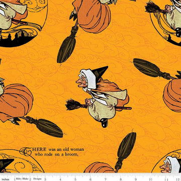 DEAL Goose Tales Old Mother Goose Toss C9396 Orange - Riley Blake Designs - Halloween Broomsticks Nursery Rhymes -  Quilting Cotton Fabric