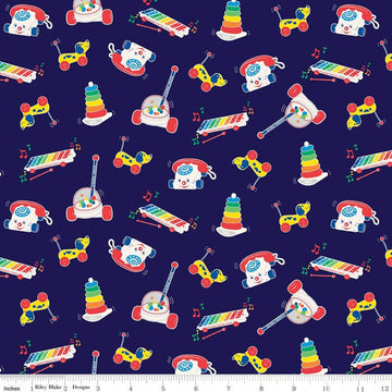 10" End of Bolt - Fisher-Price Toys Navy - Riley Blake - Nostalgia Childhood Xylophone Phone  - Quilting Cotton Fabric - Licensed Product