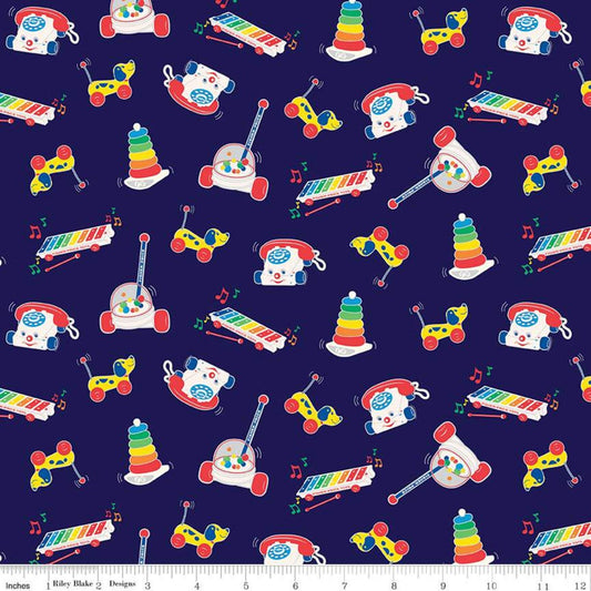 10" End of Bolt - Fisher-Price Toys Navy - Riley Blake - Nostalgia Childhood Xylophone Phone  - Quilting Cotton Fabric - Licensed Product