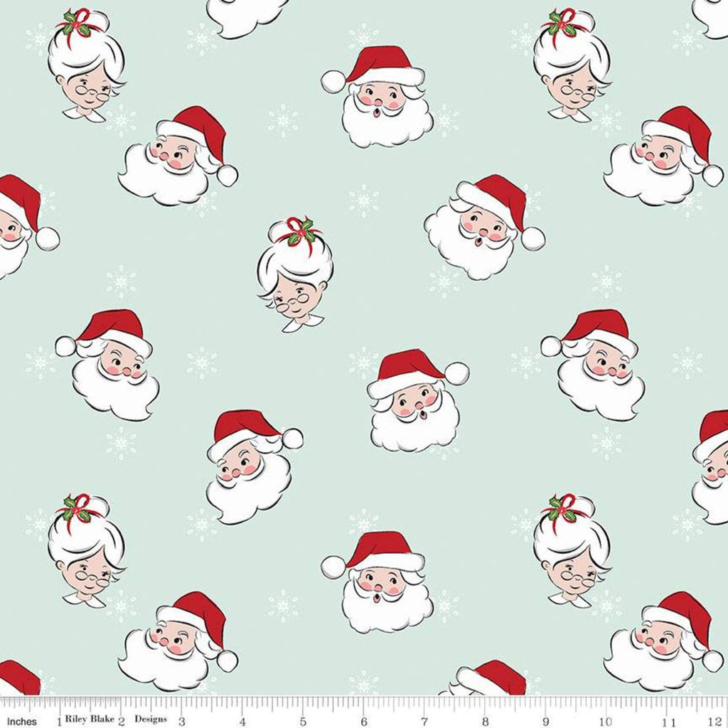 Fat Quarter End of Bolt Piece - Santa Claus Lane Main C9610 Mint - Riley Blake - Christmas Mrs. Claus Snowflakes - Quilting Cotton Fabric