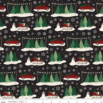 9" End of Bolt - Christmas Traditions Main Black - Riley Blake Designs - Trees Sleighs Snowmen Trucks Snowflakes  - Quilting Cotton Fabric