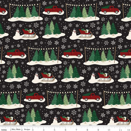 9" End of Bolt - Christmas Traditions Main Black - Riley Blake Designs - Trees Sleighs Snowmen Trucks Snowflakes  - Quilting Cotton Fabric