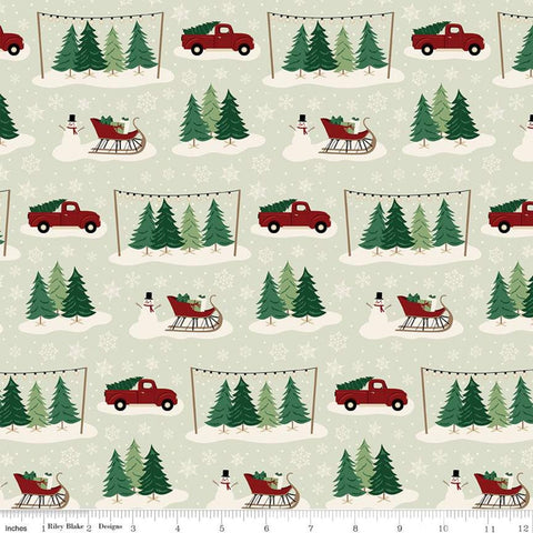 31" End of Bolt - CLEARANCE Christmas Traditions Main Mint - Riley Blake Designs - Trees Snowmen Snowflakes Green  - Quilting Cotton Fabric