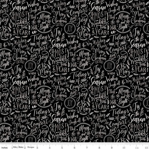 33" End of Bolt - SALE Christmas Traditions Words Black - Riley Blake - Cream Christmas Sayings on Black Sprigs  - Quilting Cotton Fabric