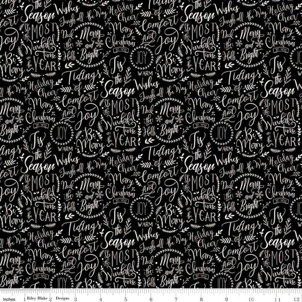 33" End of Bolt - SALE Christmas Traditions Words Black - Riley Blake - Cream Christmas Sayings on Black Sprigs  - Quilting Cotton Fabric