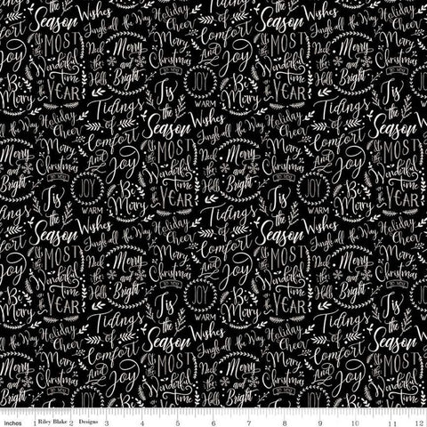 35" End of Bolt - SALE Christmas Traditions Words Black - Riley Blake - Cream Christmas Sayings on Black Sprigs  - Quilting Cotton Fabric