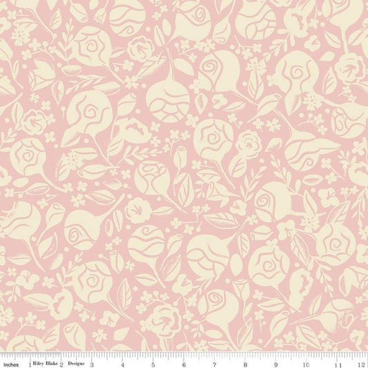 23" End of Bolt - Beauty and the Beast Floral C9532 Pink - Riley Blake Designs - Fairy Tale Cream Flowers Leaves - Quilting Cotton Fabric