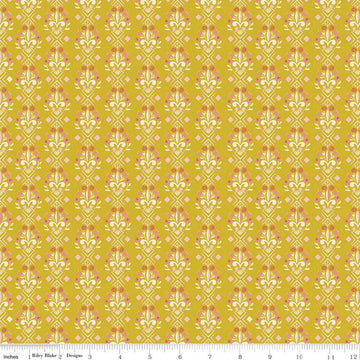 Beauty & the Beast Fleur-de-lis C9535 Gold - Riley Blake Designs - Fairy Tale Flowers Pink Cream Gold - Quilting Cotton Fabric