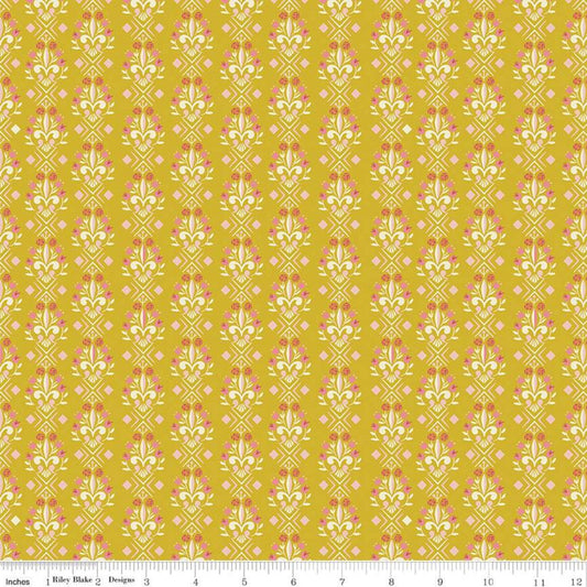 Beauty & the Beast Fleur-de-lis C9535 Gold - Riley Blake Designs - Fairy Tale Flowers Pink Cream Gold - Quilting Cotton Fabric