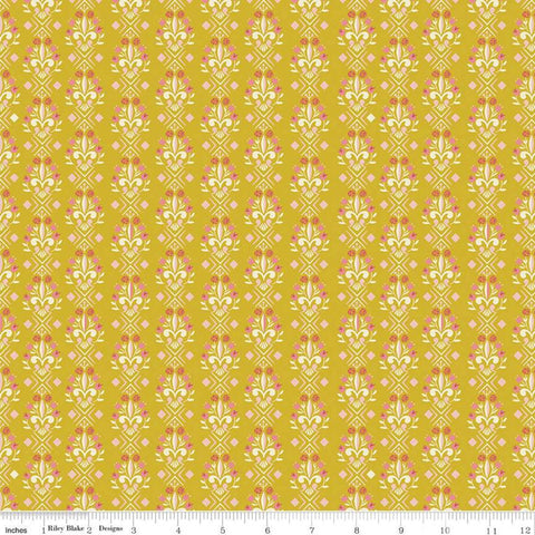 Beauty and the Beast Fleur-de-lis C9535 Gold - Riley Blake Designs - Fairy Tale Flowers Pink Cream Gold - Quilting Cotton Fabric