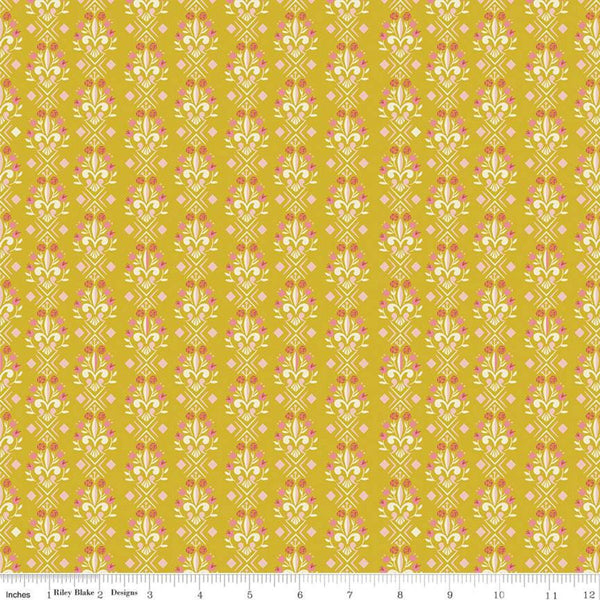 Beauty and the Beast Fleur-de-lis C9535 Gold - Riley Blake Designs - Fairy Tale Flowers Pink Cream Gold - Quilting Cotton Fabric