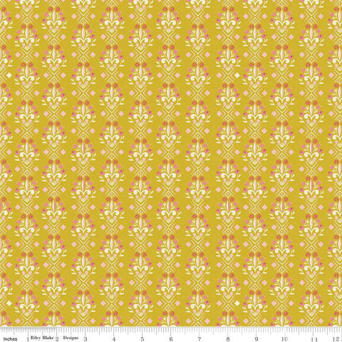 Beauty and the Beast Fleur-de-lis C9535 Gold - Riley Blake Designs - Fairy Tale Flowers Pink Cream Gold - Quilting Cotton Fabric