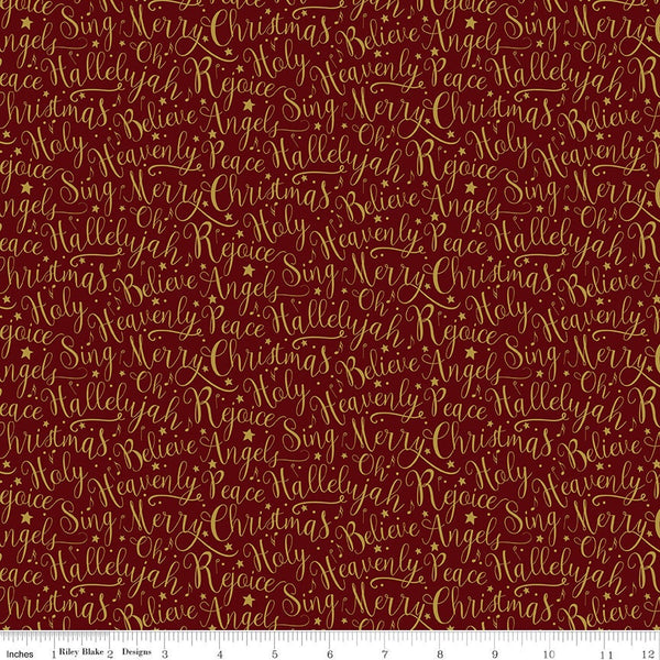 35" End of Bolt - Oh Holy Night Words Mulberry SPARKLE- Riley Blake - Christmas Nativity Text Red Gold- Quilting Cotton Fabric-