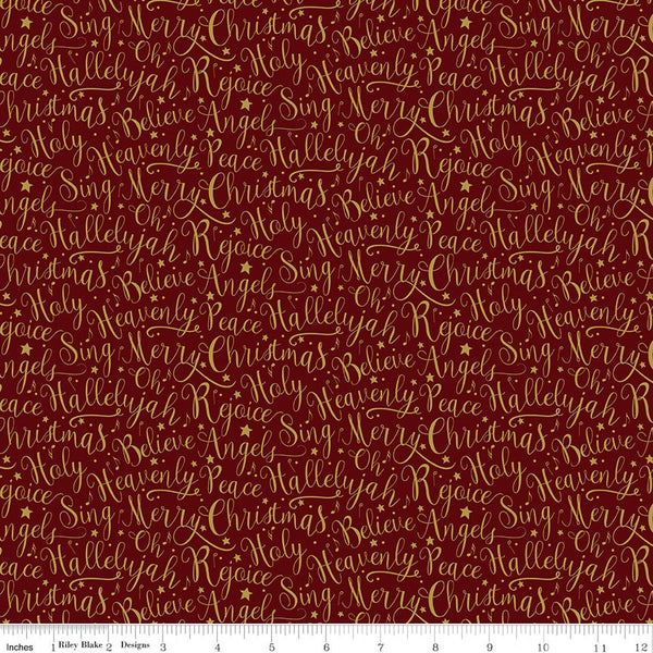35" End of Bolt - Oh Holy Night Words Mulberry SPARKLE- Riley Blake - Christmas Nativity Text Red Gold- Quilting Cotton Fabric-