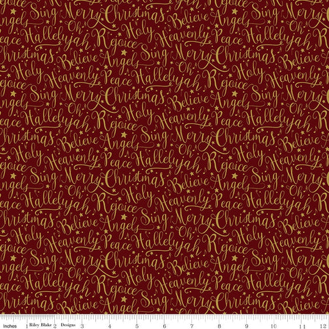 35" End of Bolt - Oh Holy Night Words Mulberry SPARKLE- Riley Blake - Christmas Nativity Text Red Gold- Quilting Cotton Fabric-