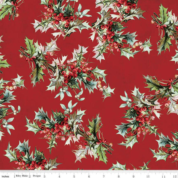 Fat Quarter End of Bolt - CLEARANCE Yuletide Main Red - Riley Blake Designs - Christmas Holly Berries Floral  - Quilting Cotton Fabric